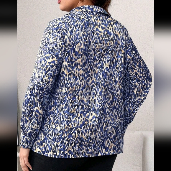 Plus Size Abstract Print Top Blouse Button Down Up Work Office Shirt Blue - Picture 2 of 5